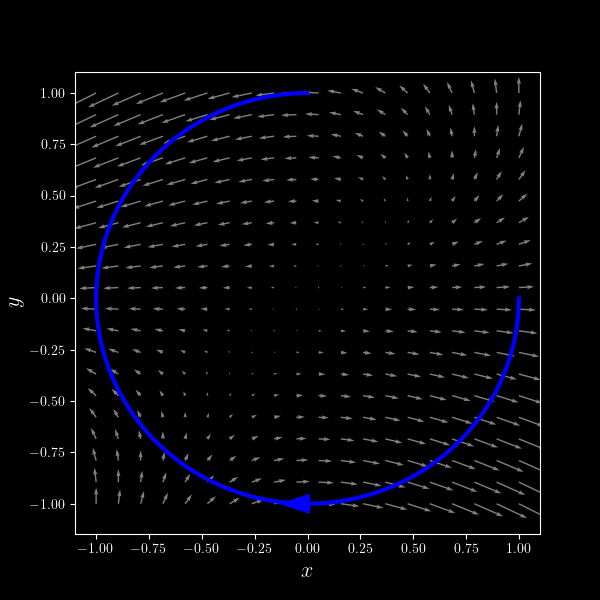 Plot of vector field with oriented curve.